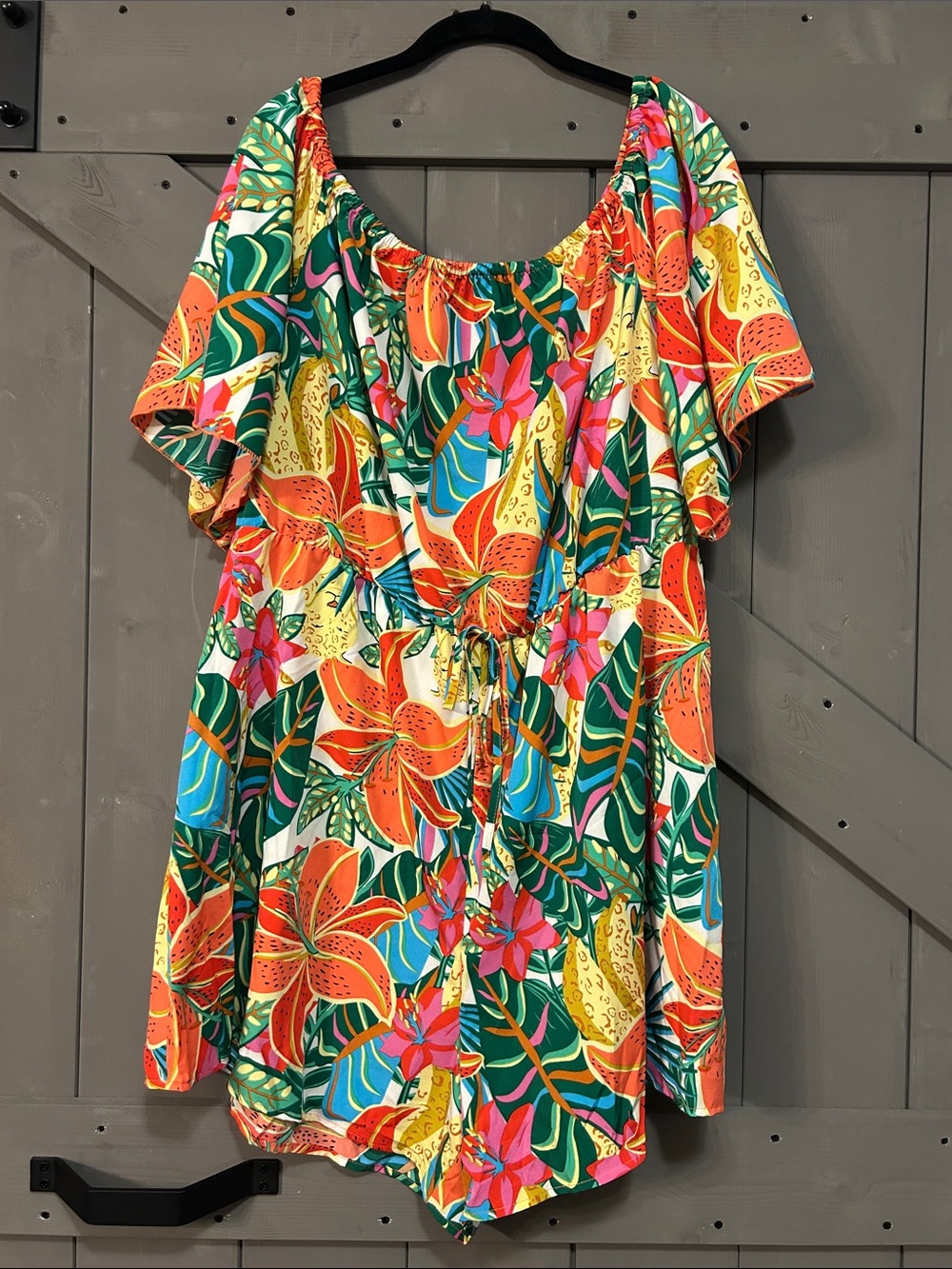 SHEIN Multicolor Tropical Floral Off-Shoulder Romper